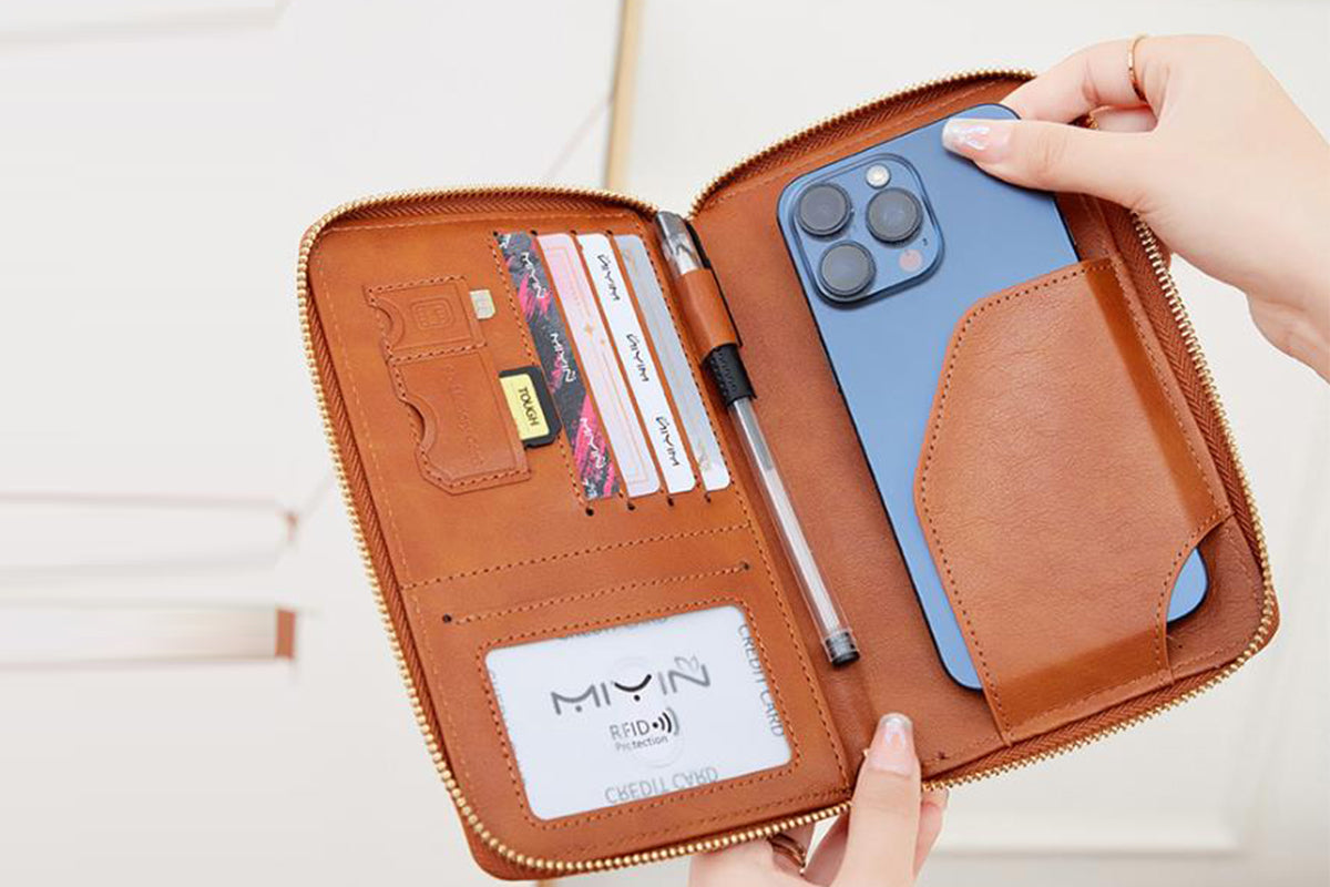 RFID Blocking Passport Wallet PU Document Organizer with Wristlet for Women -Brown