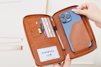 RFID Blocking Passport Wallet PU Document Organizer with Wristlet for Women -Brown