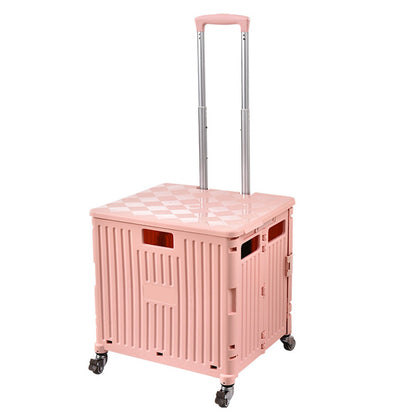 65L Folding Utility Cart Portable Rolling Crate Handcart Shopping Trolley with Lid Pink