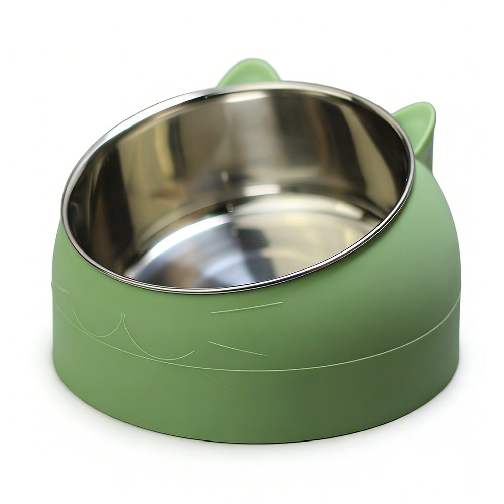 400ml Stainless Steel Tilted Pet Bowl Non-Slip Raised Feeder for Cats and Dogs-Green