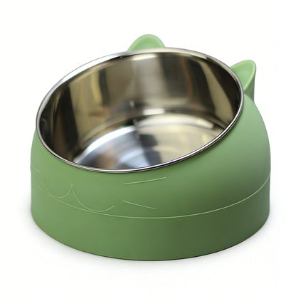 400ml Stainless Steel Tilted Pet Bowl Non-Slip Raised Feeder for Cats and Dogs-Green