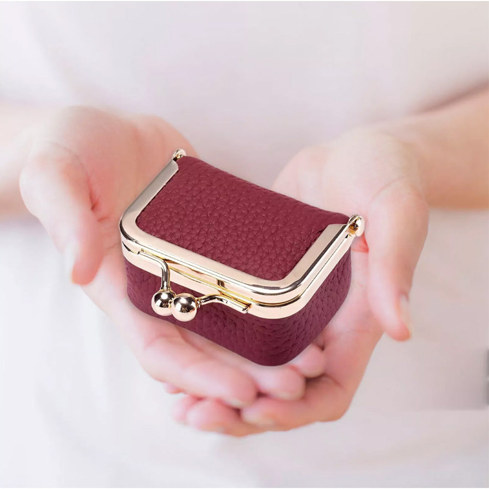 Mini Genuine Leather Jewelry Box Portable Vintage-Inspired Jewelry Case with Kiss Lock for Earring Ring Pink Wine Red