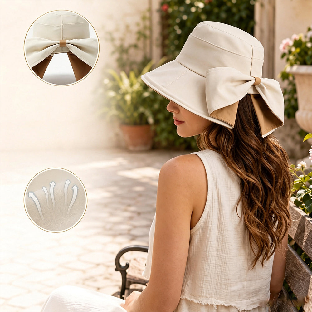 Wide Brim Bow Sun Hat Foldable Breathable Hat for Women - Beige
