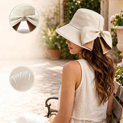 Wide Brim Bow Sun Hat Foldable Breathable Hat for Women - Beige