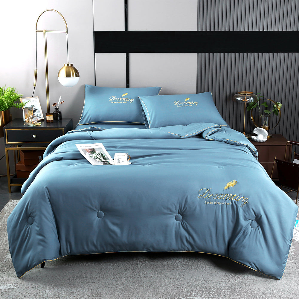 4 Pieces Set Summer Cool Feeling Bedding Set Air Conditioning Comfy Comforter Pillowcase Bed Sheet Blue