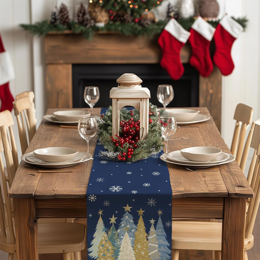 Christmas Table Runner with Xmas Trees Festive Tablecloth Cover for Kitchen Dinner Party Blue