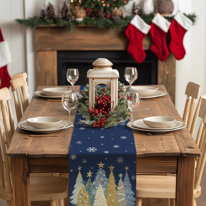 Christmas Table Runner with Xmas Trees Festive Tablecloth Cover for Kitchen Dinner Party Blue