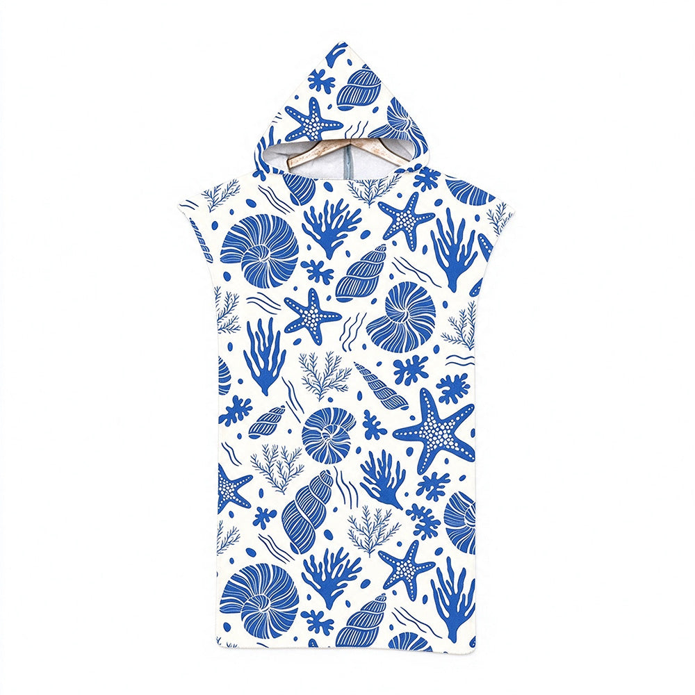 Adult Hooded Zip Up Swim Changing Robe Microfiber Beach Towel Poncho - Conch and Starfish