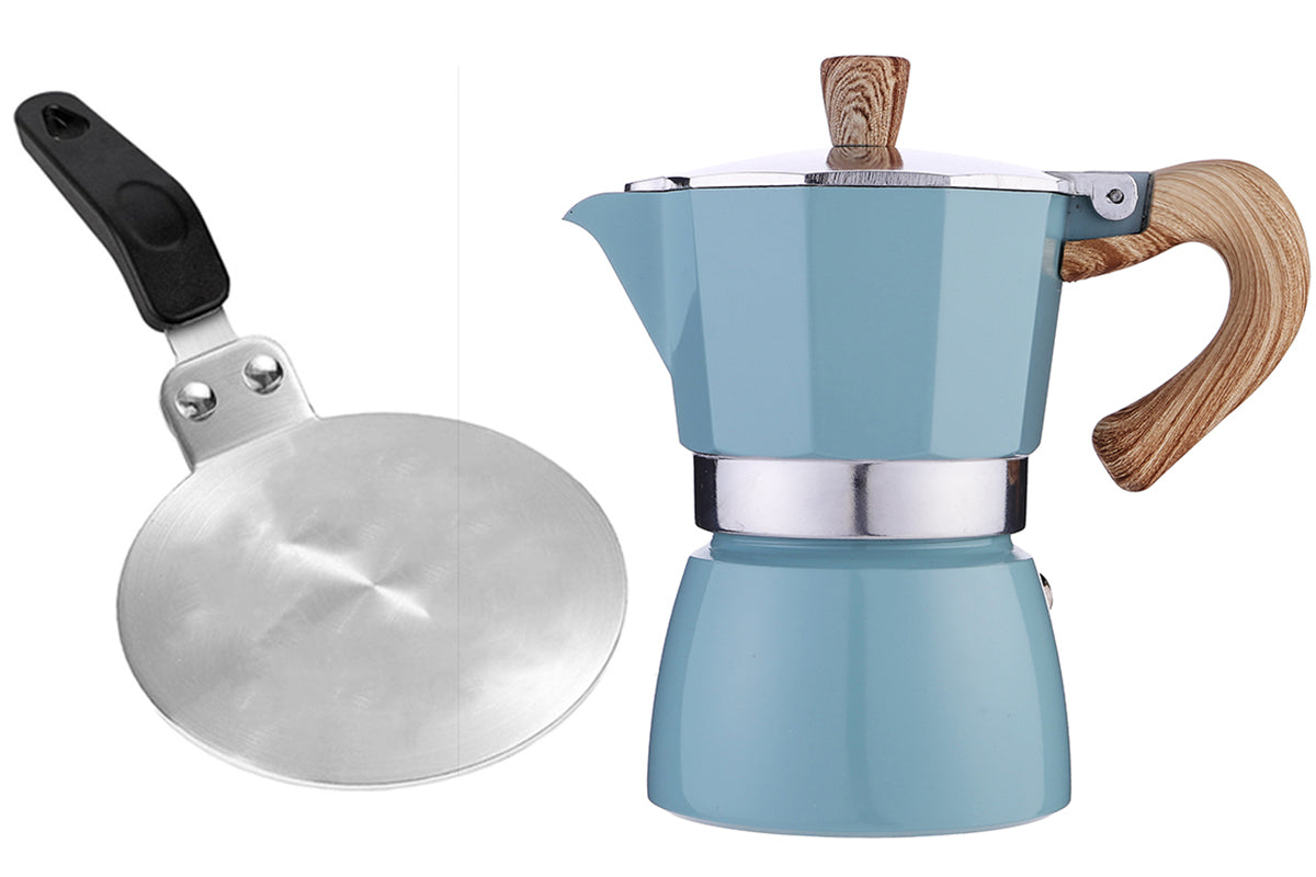 Induction Hob Converter Plate 13cm Induction Adapter Plate for Moka Pot Heat Diffuser Plate -Heat Plate and Blue Moka Pot