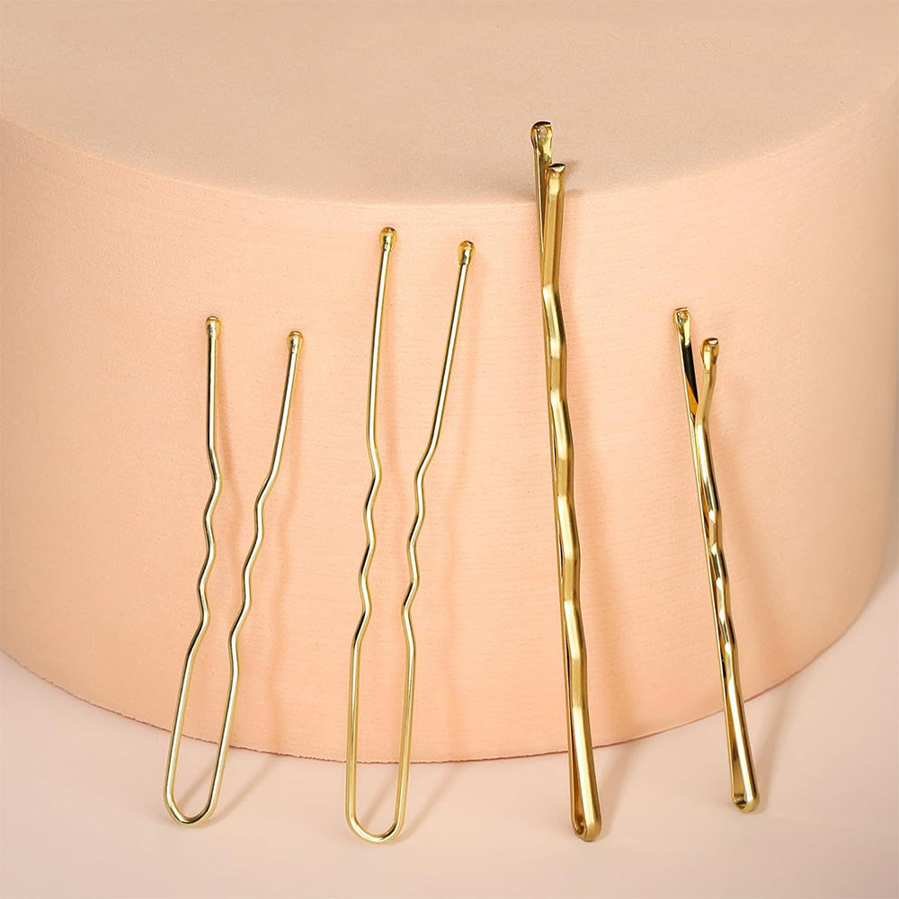Hair Pins Set with Storage Box Bobby Pins & U Shaped Hair Clips Kit for Bun Updo Styling-Gold