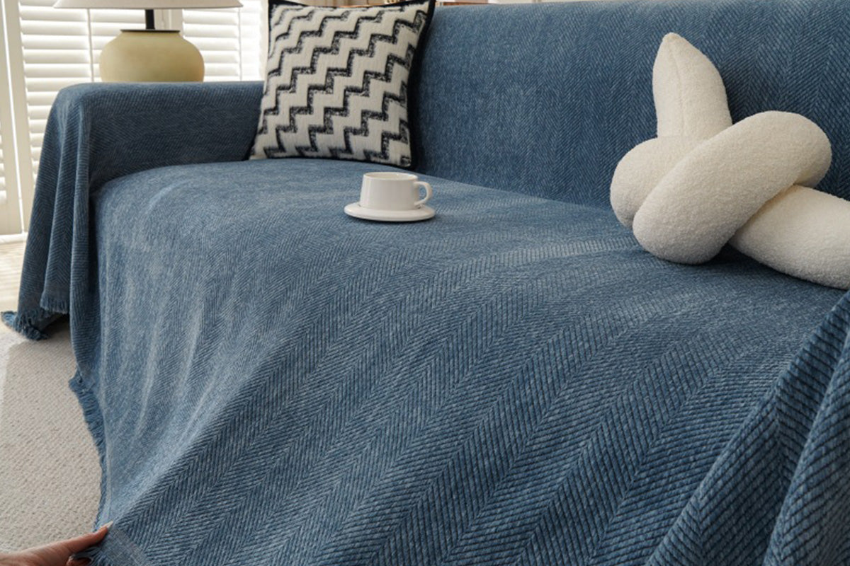 Herringbone Tassel Sofa Throw Cover Large Blanket - Blue