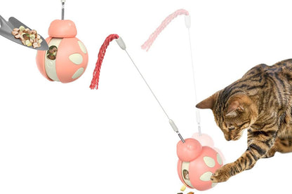 Interactive Cat Toys Tumbler Ladybug with Teaser Wand Cat Treat Dispenser Toy -Pink