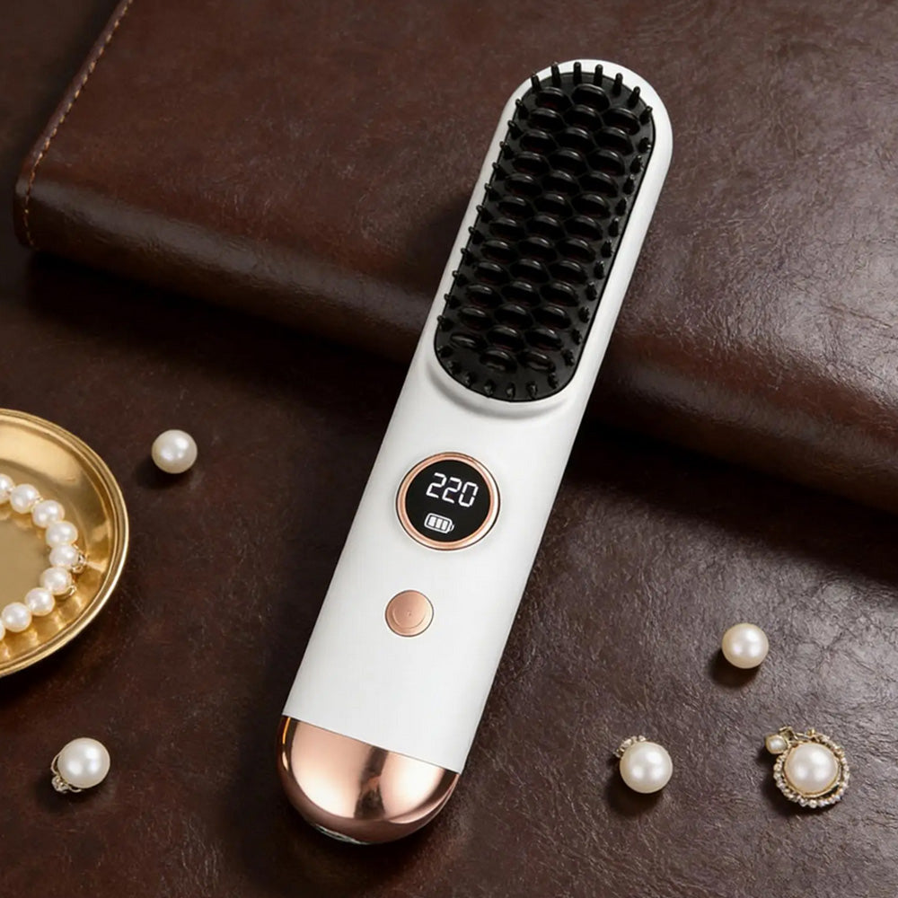 Cordless LCD Hair Straightening Brush 2-in-1 Portable Styling Tool for Travel-White