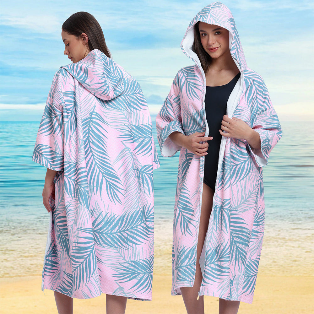 Unisex Hooded Towel Poncho Swim Parka for Adults - Pink Leaf