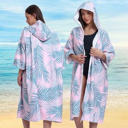 Unisex Hooded Towel Poncho Swim Parka for Adults - Pink Leaf