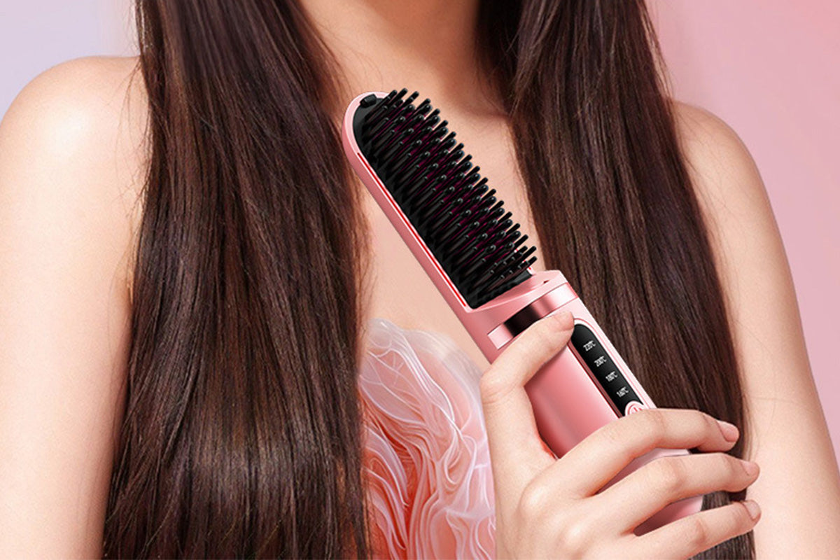 Hair Straightener Brush Anti-Scald Portable Straightening Brush Styling Tools -Pink