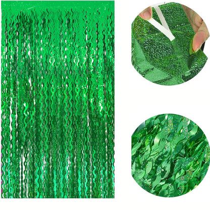 2 Piece Fringe Curtains Shiny PET Streamer Party Backdrop - Green