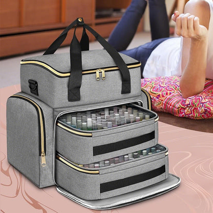 Double Layer Portable Nail Polish Organizer Bag with Removable Pouches-Grey