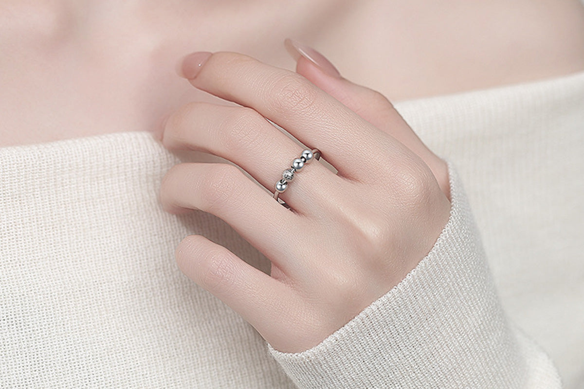 Anxiety Ring for Women Adjustable Fidget Spinner Ring with Beads for Stress Relief -Silver