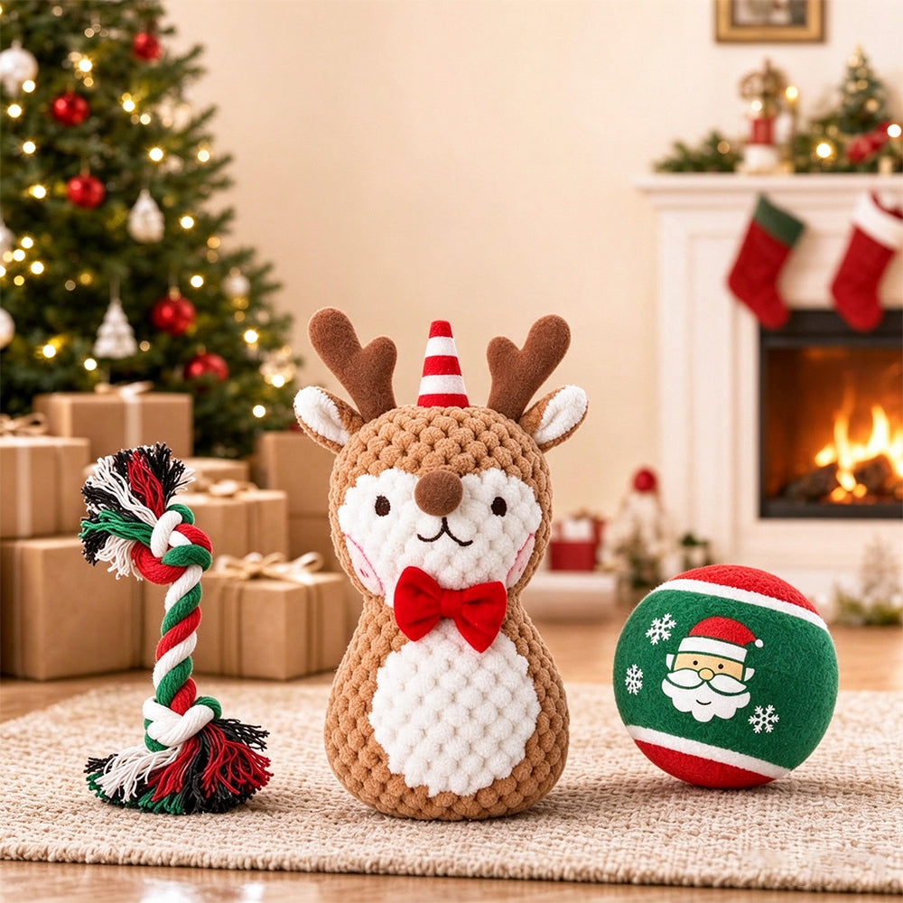 3 Pack Christmas Pet Squeaky Toy Gift with Plush Ball and Chew Rope - Deer