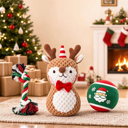 3 Pack Christmas Pet Squeaky Toy Gift with Plush Ball and Chew Rope - Deer