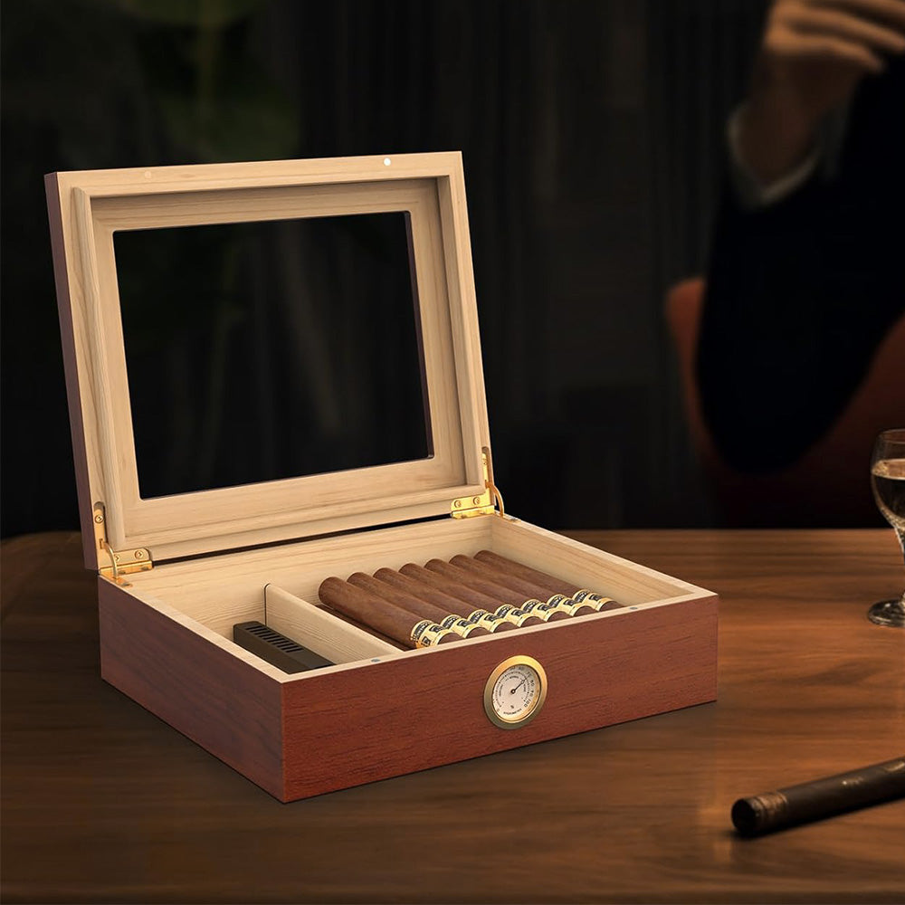 For 10 Cigars Cigar Humidor Desktop Box with Humidifier and Hygrometer Brown