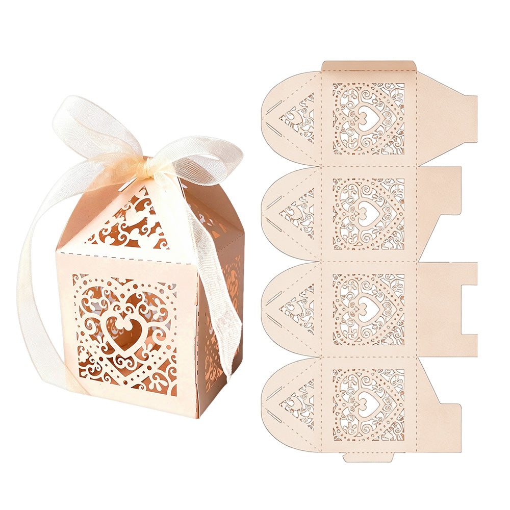 50 Pack Laser Cut Pearl Paper Candy Favor Boxes with Ribbons - Beige