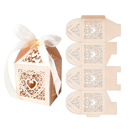 50 Pack Laser Cut Pearl Paper Candy Favor Boxes with Ribbons - Beige