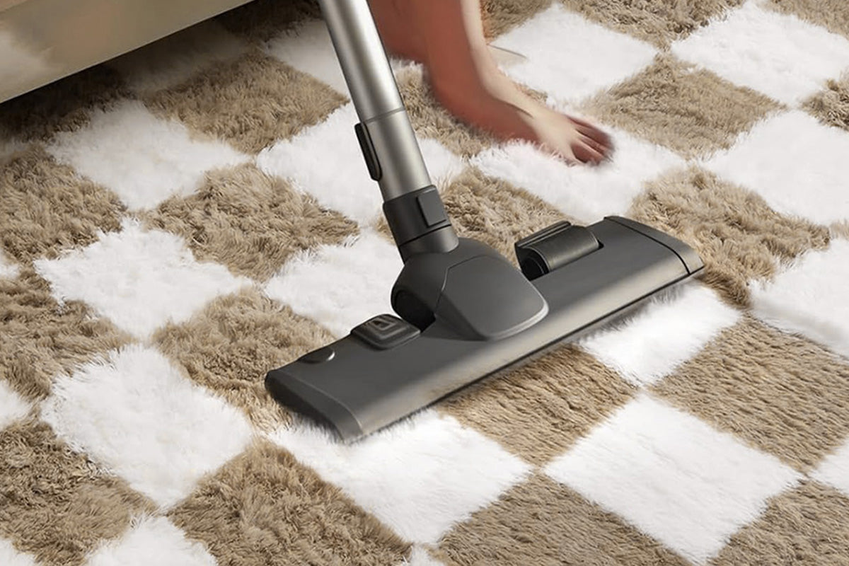 Checkered Plush Shaggy Rug Non Slip Carpet - Khaki
