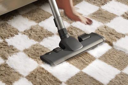 Checkered Plush Shaggy Rug Non Slip Carpet - Khaki