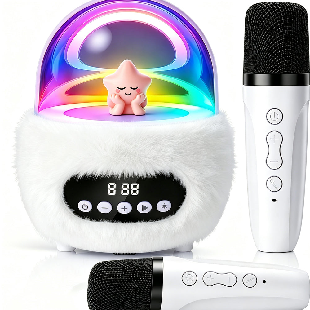 2 in 1 Portable Plush Speaker and Alarm Clock with Dual Mics - White