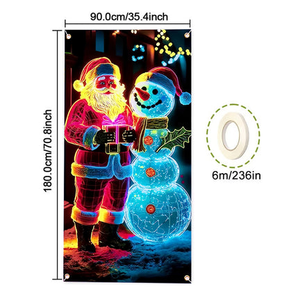90x180cm 2D UV Reactive Christmas Glow Door Curtain - Santa Claus and Snowman
