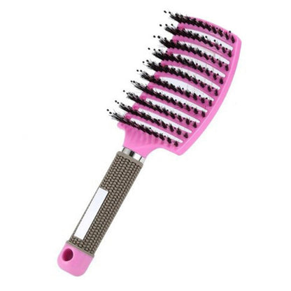 Detangle Nylon Boar Bristle Brush Head Scalp Massage Comb For Fine Hair-Pink