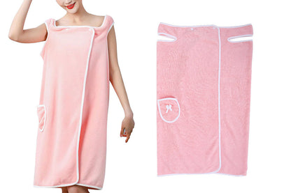 Coral Fleece Bath Towel Wearable Wrap Absorb Bathrobe With Pocket-Pink