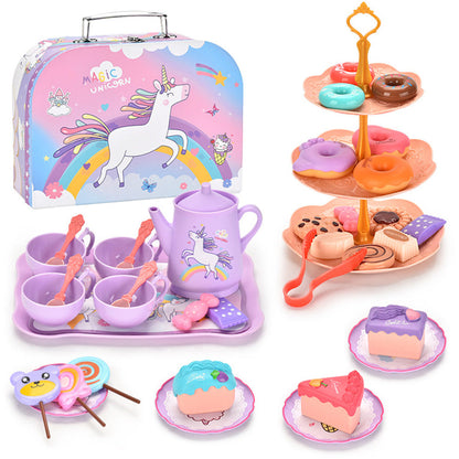Kids Pretend Tea Party Set with Dessert & Carrying Case Style 3