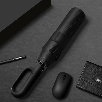 Automatic 10-Rib Folding Umbrella with Carabiner Handle Windproof - Black