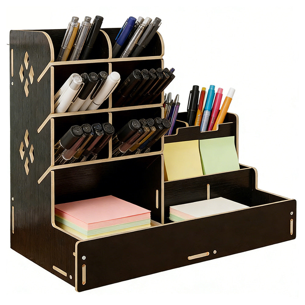 6 Compartment Wooden Desk Organizer with Drawers Art Supplies Storage Desktop Stationary-Black