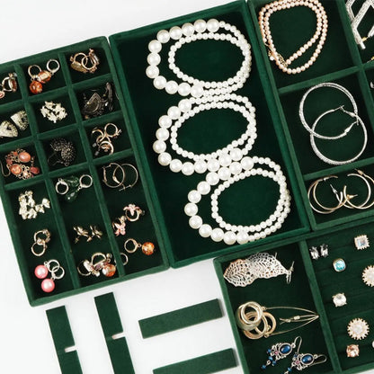 4pcs Stackable Jewelry Organizer Boxes Set for Earrings Rings Necklaces Bracelets-Green