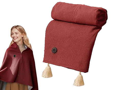 Portable Heated Shawl Wraps with Zipper 15s Fast Heating USB Heated Blanket for Women -Wine Red