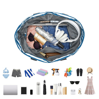 Beach Bag Large Foldable Sandproof Totes Bag With Zipper Beach Shoulder Bag-Blue