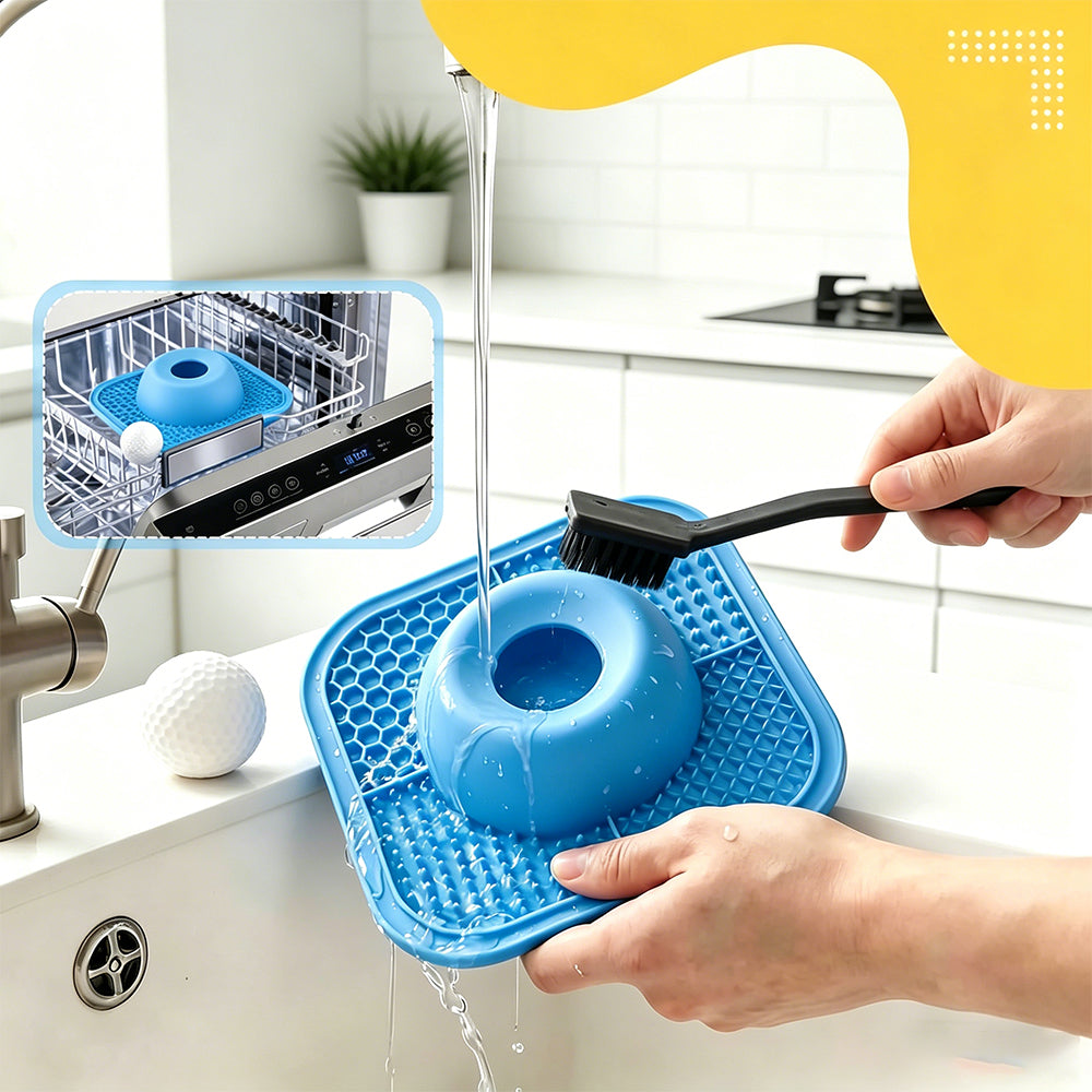 2 in 1 Dog Slow Feeder Bowl with Rolling Ball Lick Mat Non Slip Suction Cup-Blue