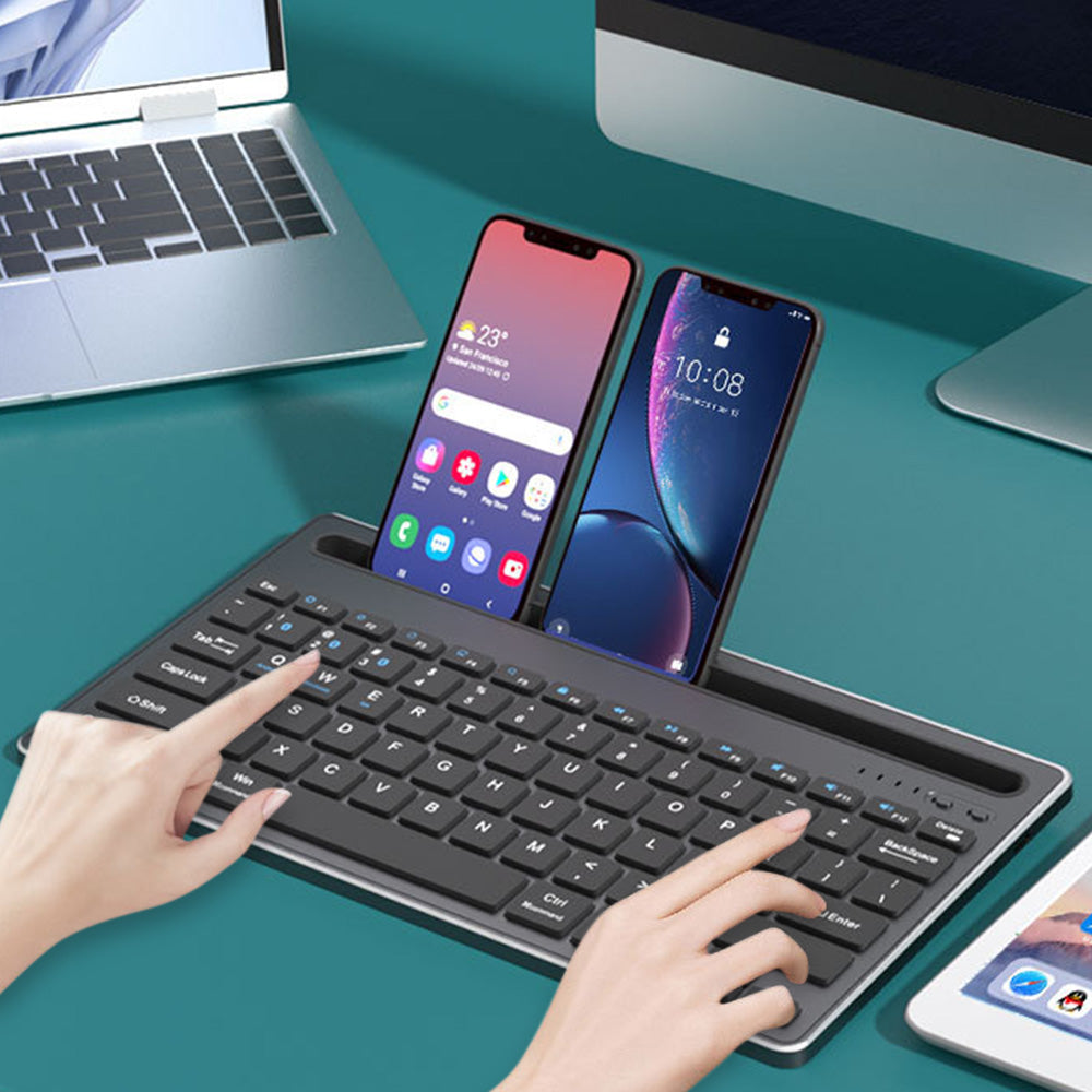 Wireless Keyboard with Phone and Tablet Stand for Windows MacOS iOS iPad-Black