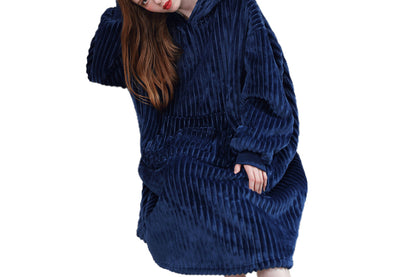 Wearable Blanket Sweatshirt for Women and Men Thick Flannel Hooded Sweatshirt Loungewear -Navy