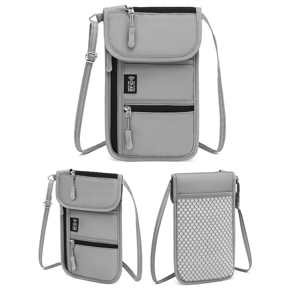 RFID Lined Travel Passport Holder Neck Wallet- Grey