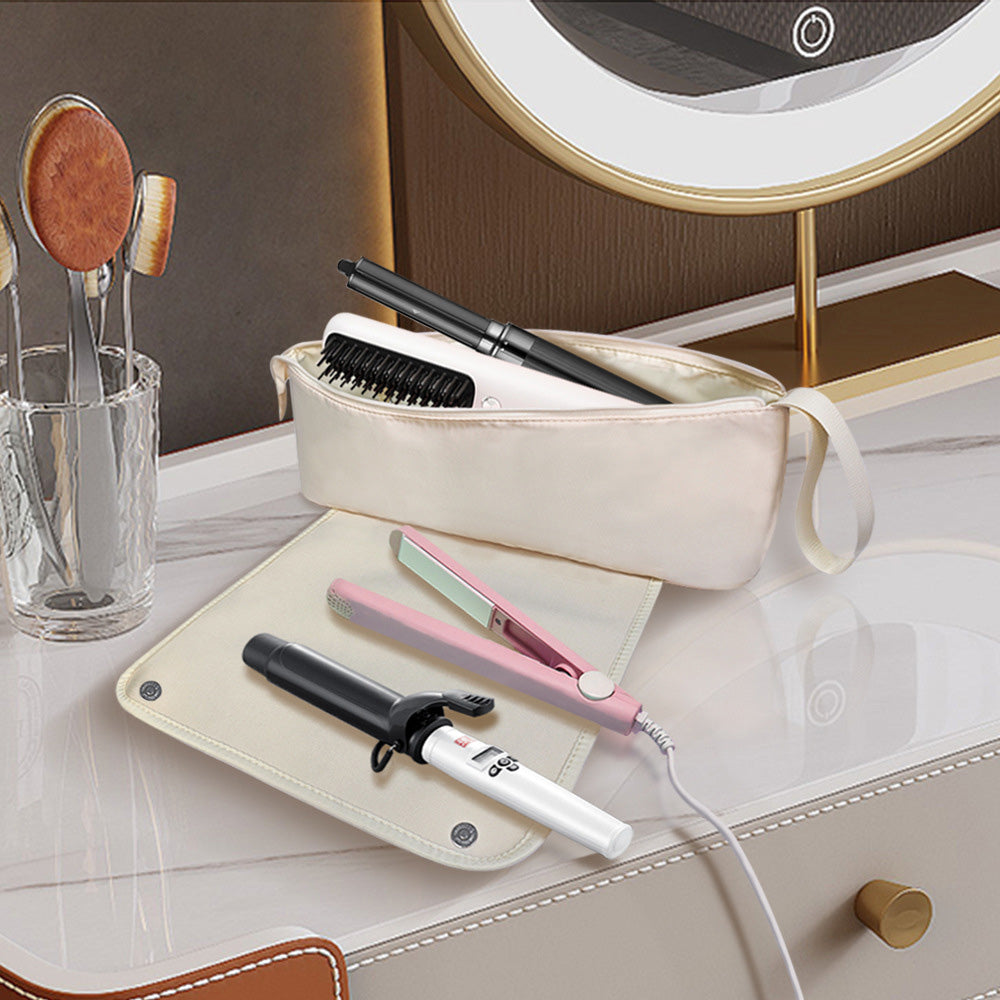 Portable Hair Tools Organizer Travel Bag withHeat Resistant Mat for Flat Irons Hair Straighteners Beige
