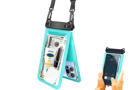 Double Space Water-Resistant Phone Pouch With Lanyard IPX8 Cellphone Case Dry Bag-Turquoise