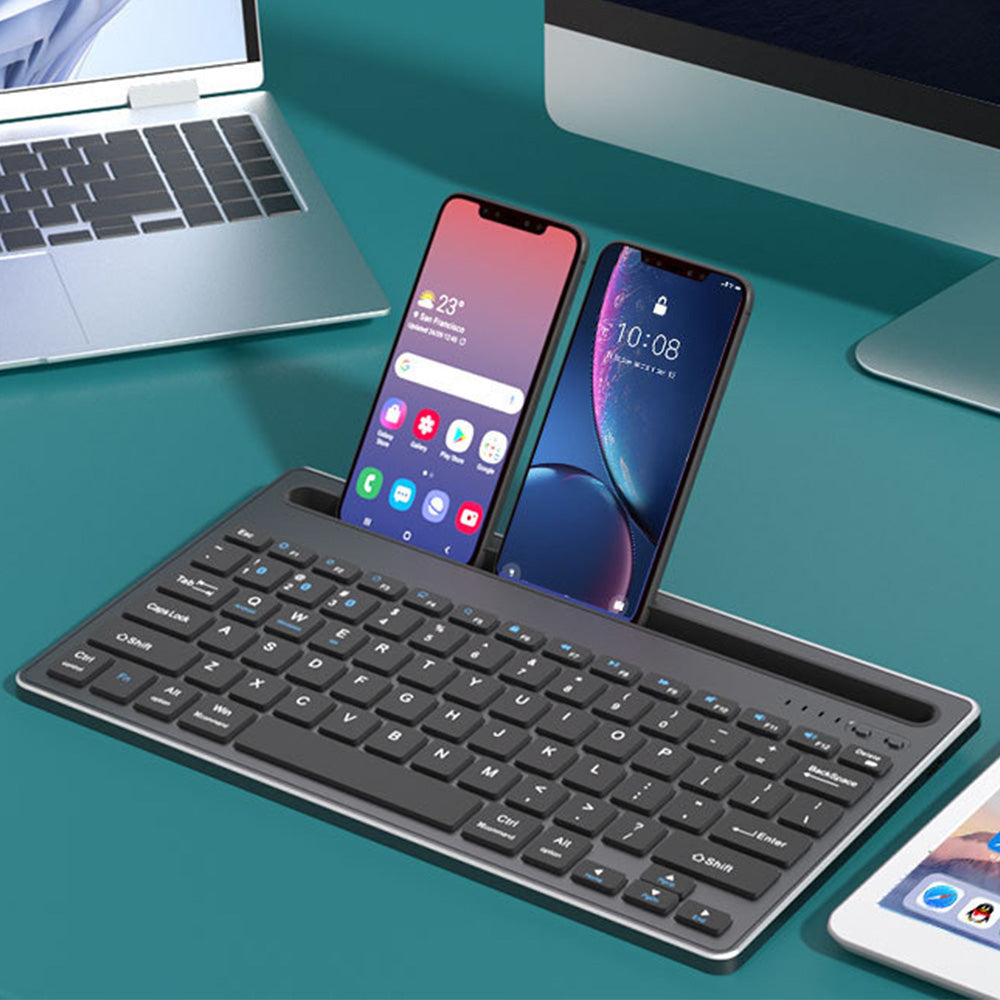 Wireless Keyboard with Phone and Tablet Stand for Windows MacOS iOS iPad-Black