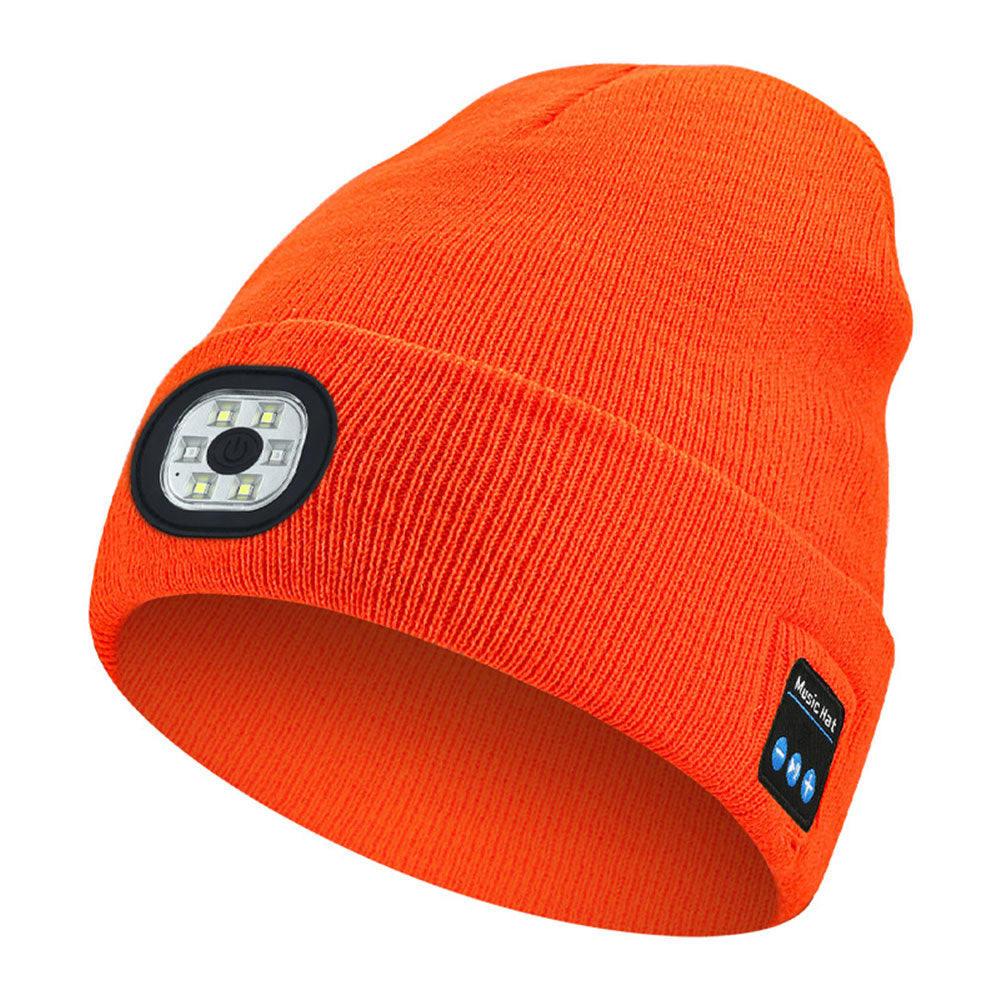 Unisex Wireless Bluetooth Headphone Hat LED Torch Beanies Orange