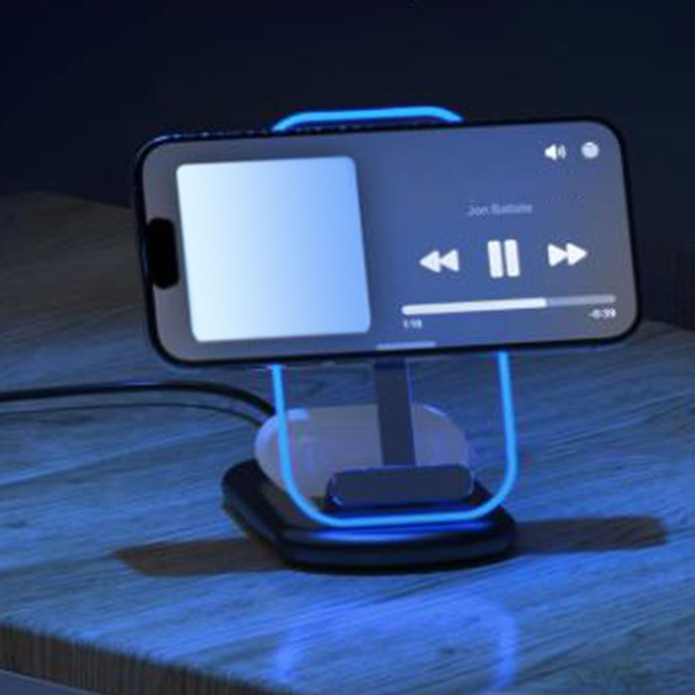 3-in-1 Wireless Charging Station for Apple Devices Wireless Charger Dock with Night Light Black