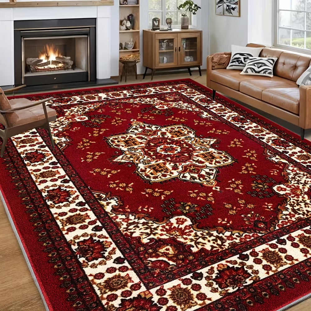 Crystal Velvet Vintage Boho Rug Non-Slip Floor Carpet for Bedroom Dining Room-Red